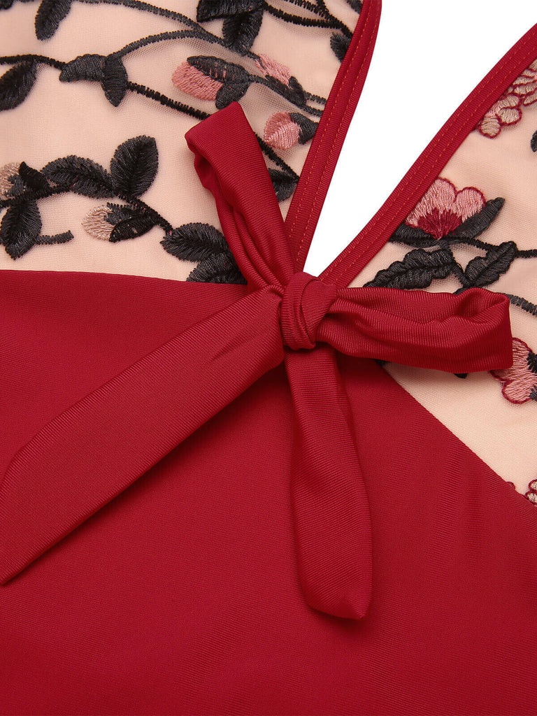 Wine Red 1950s Floral Backless Swimsuit: timeless style reimagined