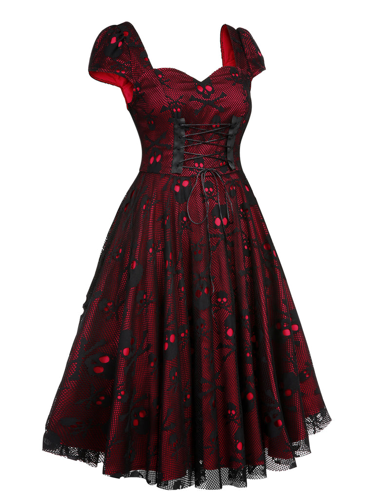 Wine Red 1950s Skull Mesh Swing Dress, vintage dress, retro fashion, rockabilly, pin-up fashion - perfect for women who love vintage and retro fashion