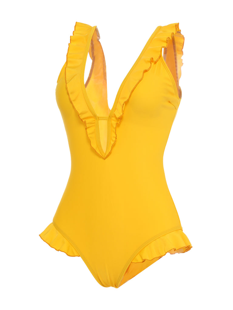 Yellow 1930s V-Neck One-piece Swimsuit — vintage elegance for the modern woman