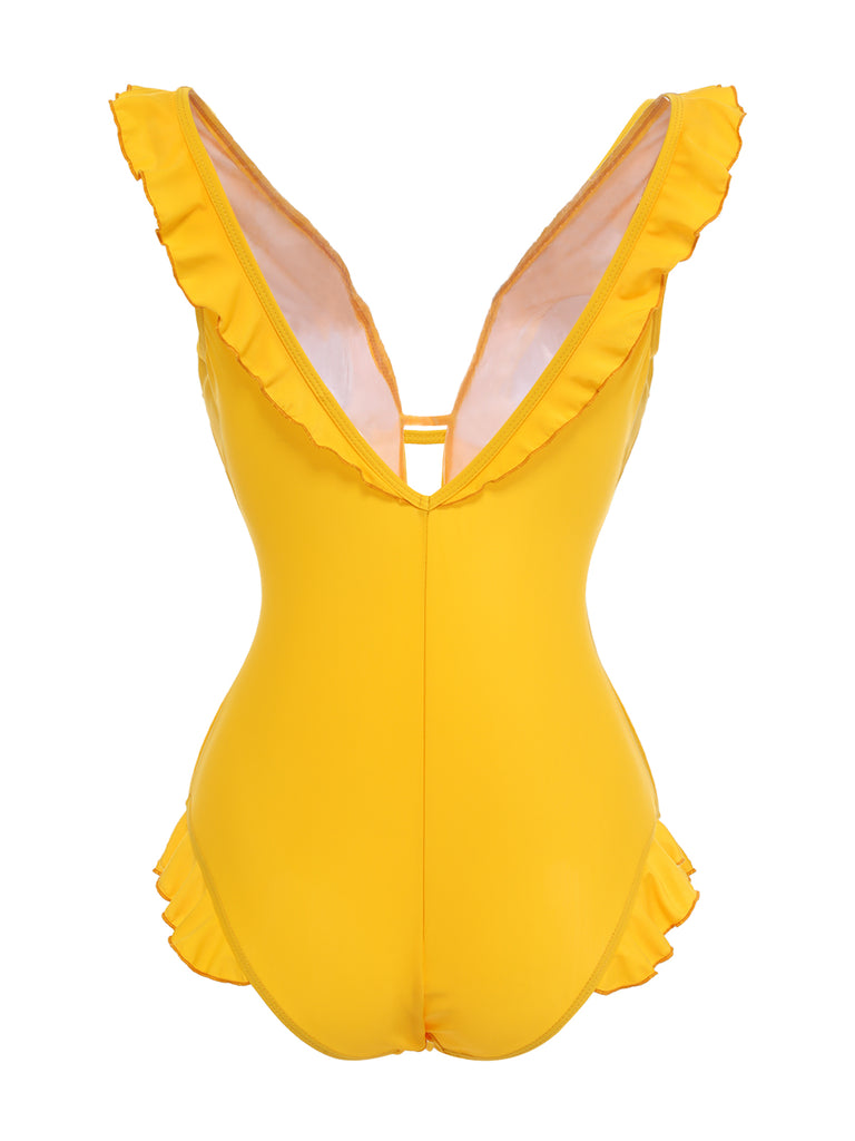 Yellow 1930s V-Neck One-piece Swimsuit: timeless style reimagined