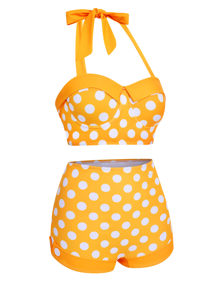 Yellow 1950s Polka Dots Halter Bikini Set - vintage fashion, retro style