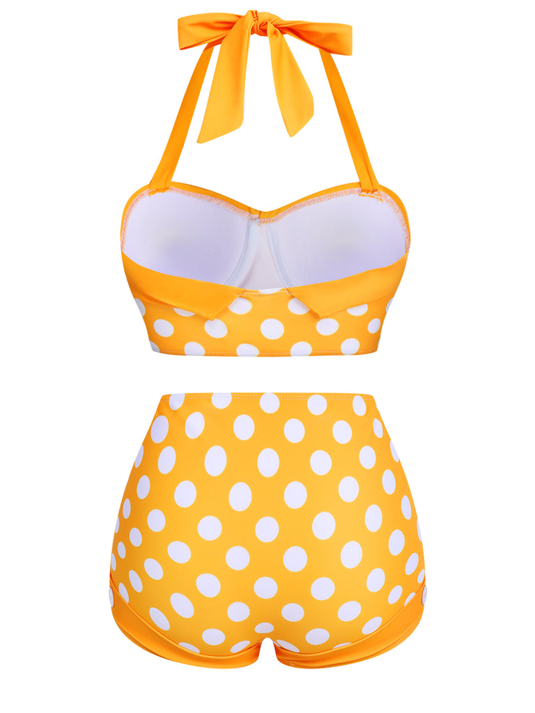 Yellow 1950s Polka Dots Halter Bikini Set - vintage fashion, retro style
