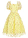 Yellow 3D Floral Puff Sleeves Swing Dress, vintage dress, retro fashion, rockabilly, pin-up fashion - perfect for women who love vintage and retro fashion