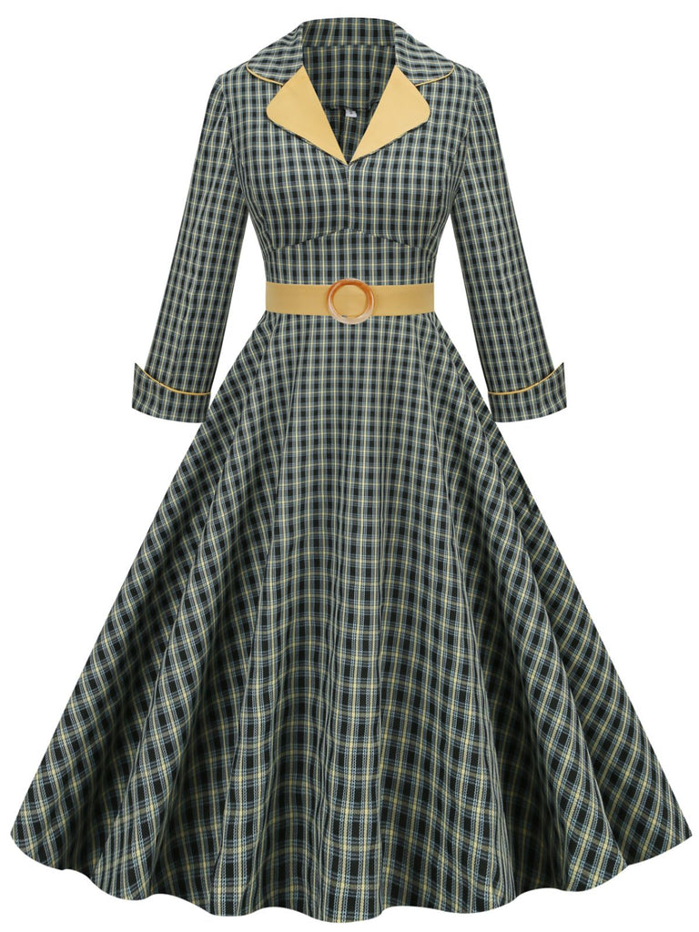 Yellow & Black 1950s Plaid Lapel Belt Swing Dress: timeless style reimagined