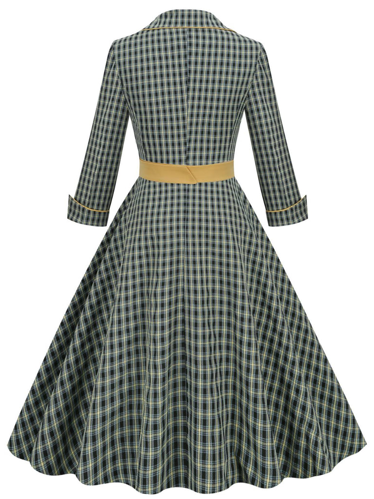 Yellow & Black 1950s Plaid Lapel Belt Swing Dress: timeless style reimagined