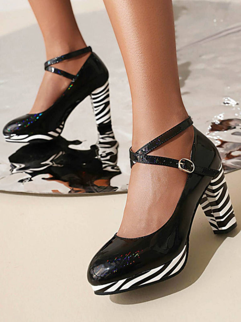 Zebra Patchwork Chunky High Heels Shoes: timeless style reimagined